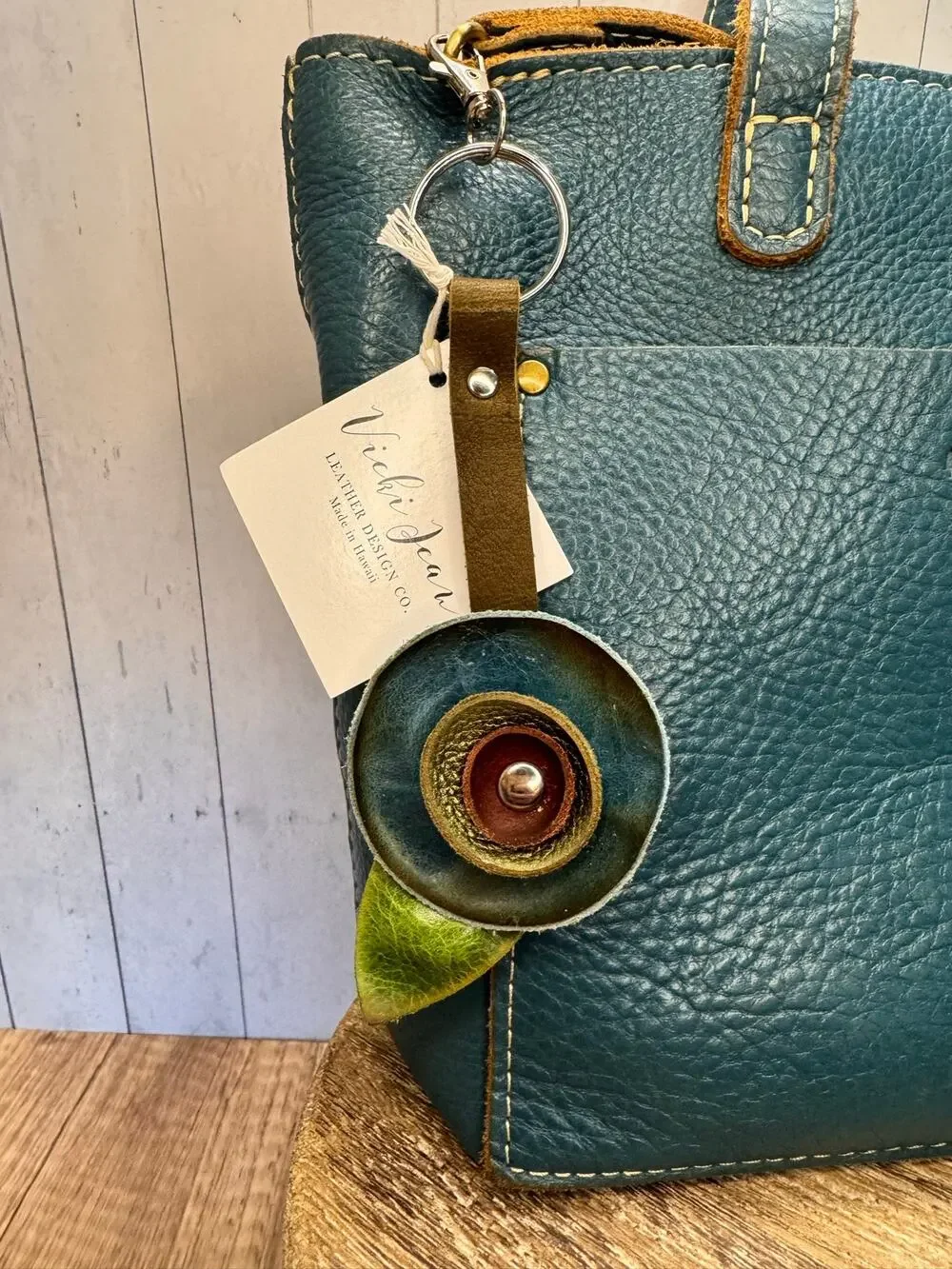 Genuine Leather Round Flower Purse Charm Blue Green Plum Flower Boho Bag Charm
